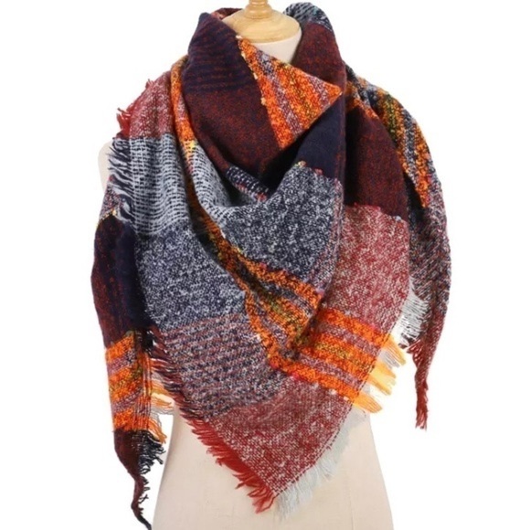 Luxury Cashmere Acrylic Plaid Knitted Triangle Scarf - Picture 2 of 4